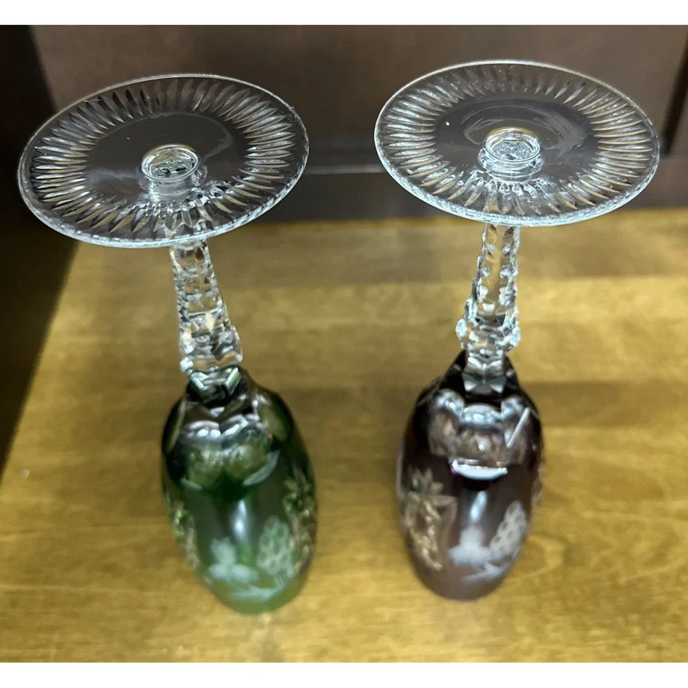 2 Ajka Crystal Glass Champagne Flutes Marsala Emerald Green & Purple 8 7/8